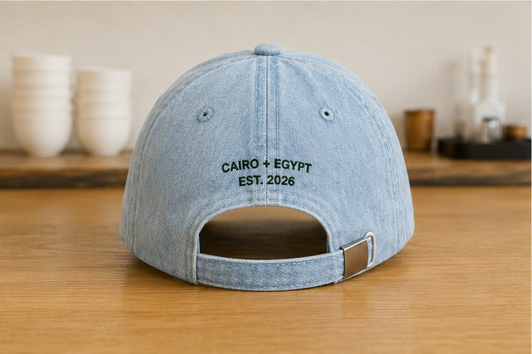 Roasted Head denim cap — back, Cairo + Egypt